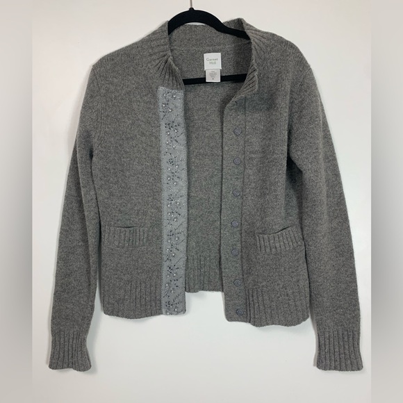 Garnet Hill Womens 100% Lambswool Cardigan Medium Grey Mock Neck Beading *Read - Picture 3 of 14
